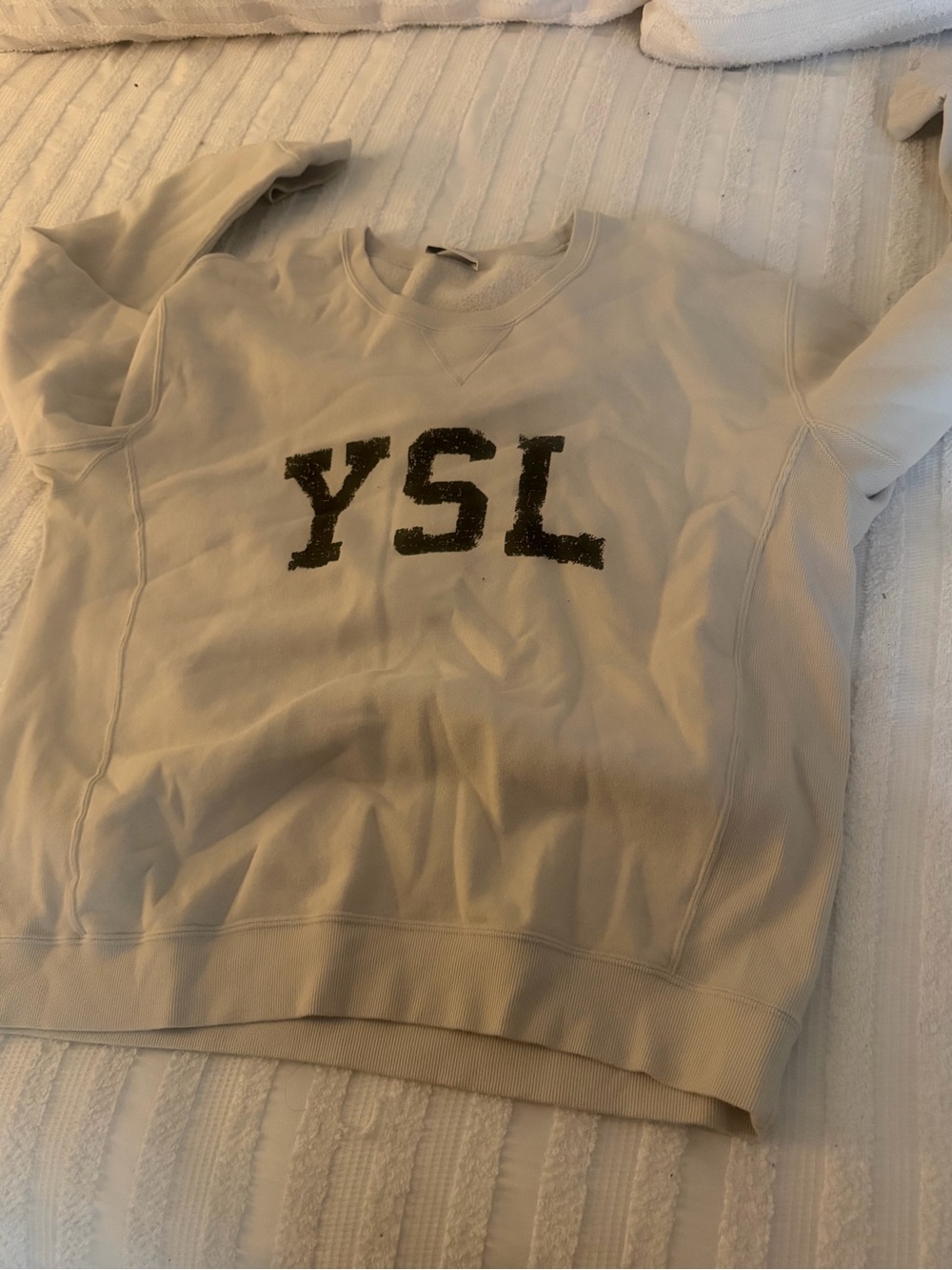 Saint Laurent Cream Crewneck Sweater with Black Sequin YSL Logo